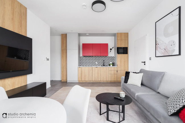 projekt - Apartament czerwony - realizacja wnętrza mieszkania pod wynajem, Zator