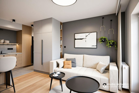 Szary przytulny salon w mieszkaniu aranżacja